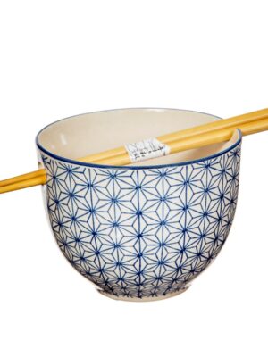 Sashiko Pattern Noodle Bowl with Chopsticks