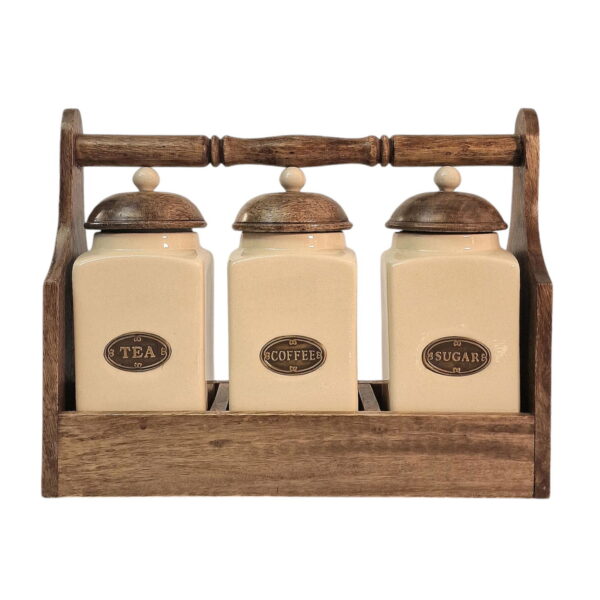 Ceramic Tea, Coffee & Sugar Jar's In Solid Mango Wood Rack