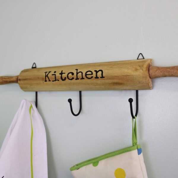 Kitchen Wall Hooks, 4 Hooks with a Rolling Pin Design