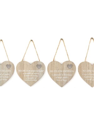 Set of 4 Wood Hanging White Etched Life Recipe Heart Plaque