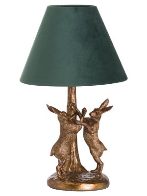 Antique Gold Marching Hares Lamp With Green Velvet Shade