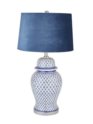 Malabar Blue And White Ceramic Lamp With Blue Velvet Shade