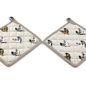 Two Pot Holders With A Chicken Print Design