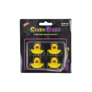 4 Piece Yellow Duck Erasers On Ptd Blister Card